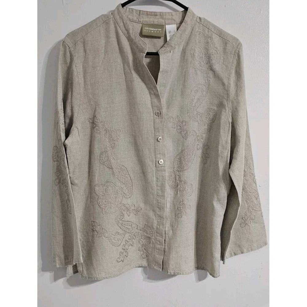 Liz Claiborne Lizwear‎ Womens Embroidered Shirt Large Khaki Button Down Linen